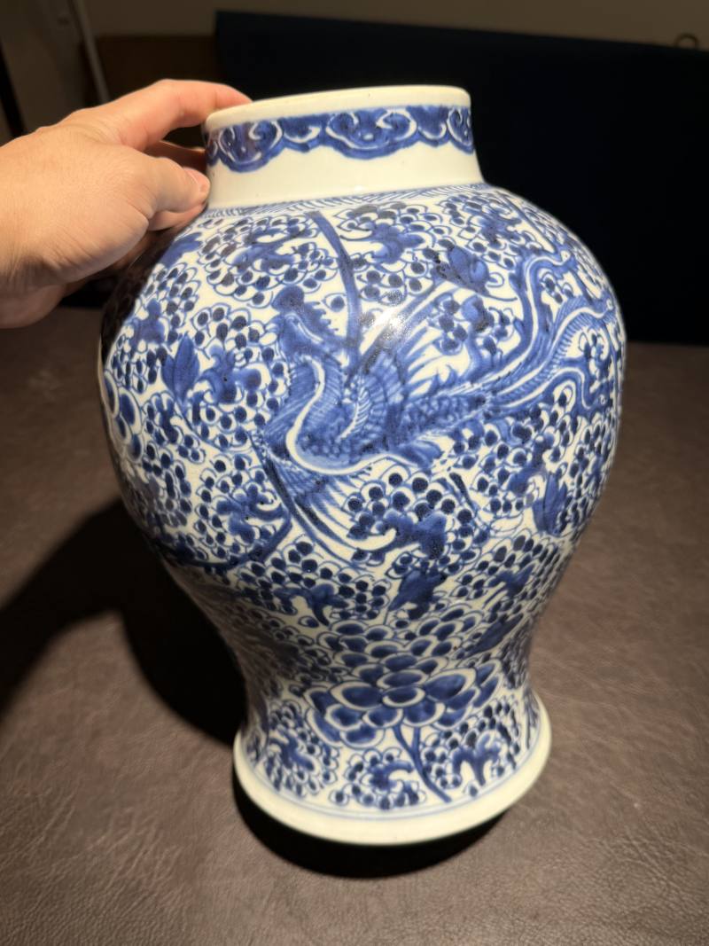 清 青花凤穿花纹将军罐（带木盖） - 图2