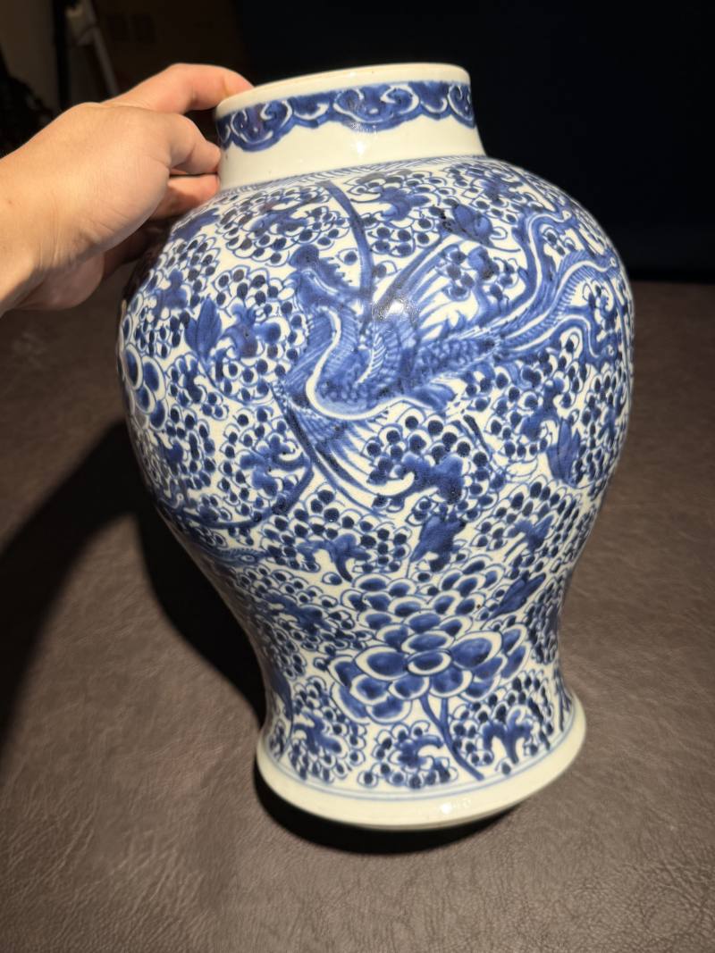 清 青花凤穿花纹将军罐（带木盖） - 图3