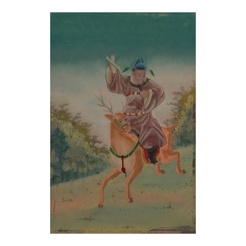 十九世紀 高士騎鹿圖鏡畫帶框 | A REVERSE GLASS 'FIGURE ON DEER' PAINTING - 图1