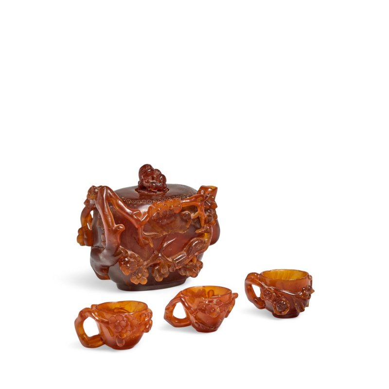 十九世紀 琥珀雕梅花紋茶具一組四件 | A GROUP OF FOUR AMBER CARVED 'PRUNUS' TEA VESSELS - 图3