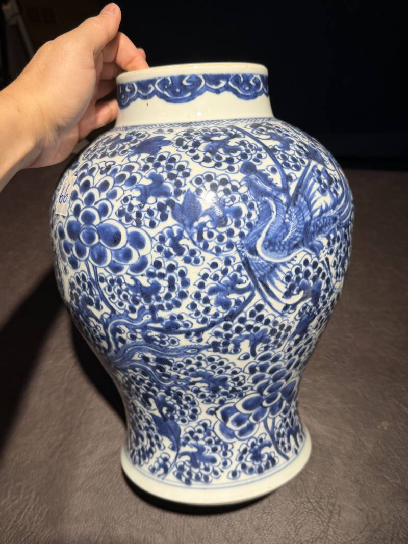 清 青花凤穿花纹将军罐（带木盖） - 图5
