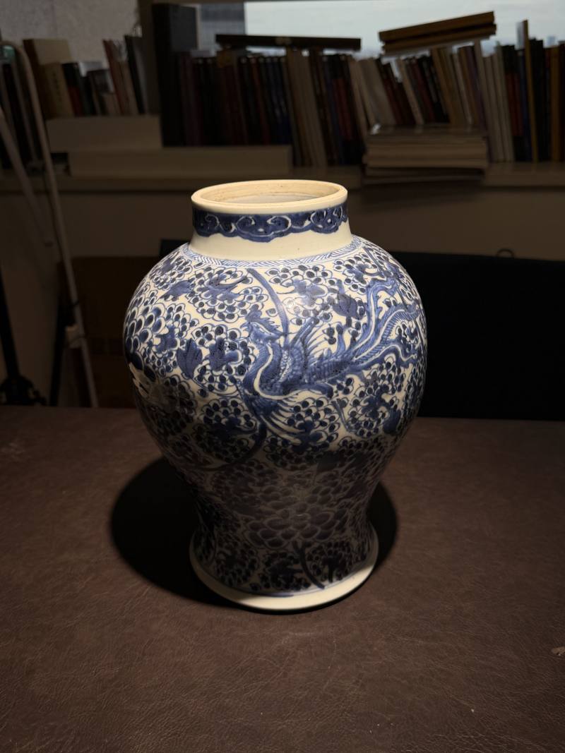 清 青花凤穿花纹将军罐（带木盖） - 图6