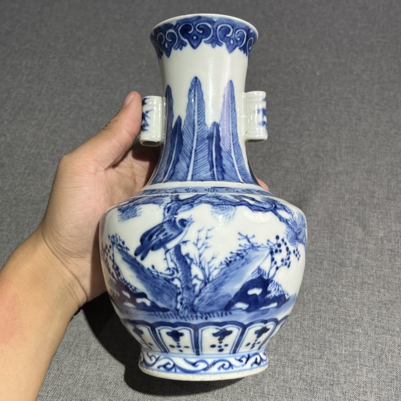 清青花花鸟纹贯耳瓶 - 图4