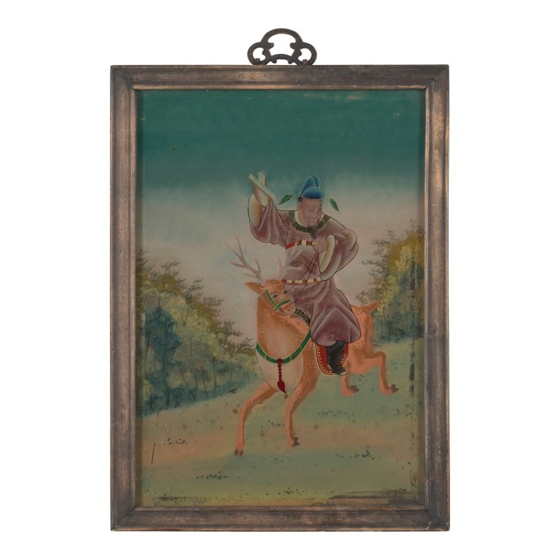 十九世紀 高士騎鹿圖鏡畫帶框 | A REVERSE GLASS 'FIGURE ON DEER' PAINTING - 图3