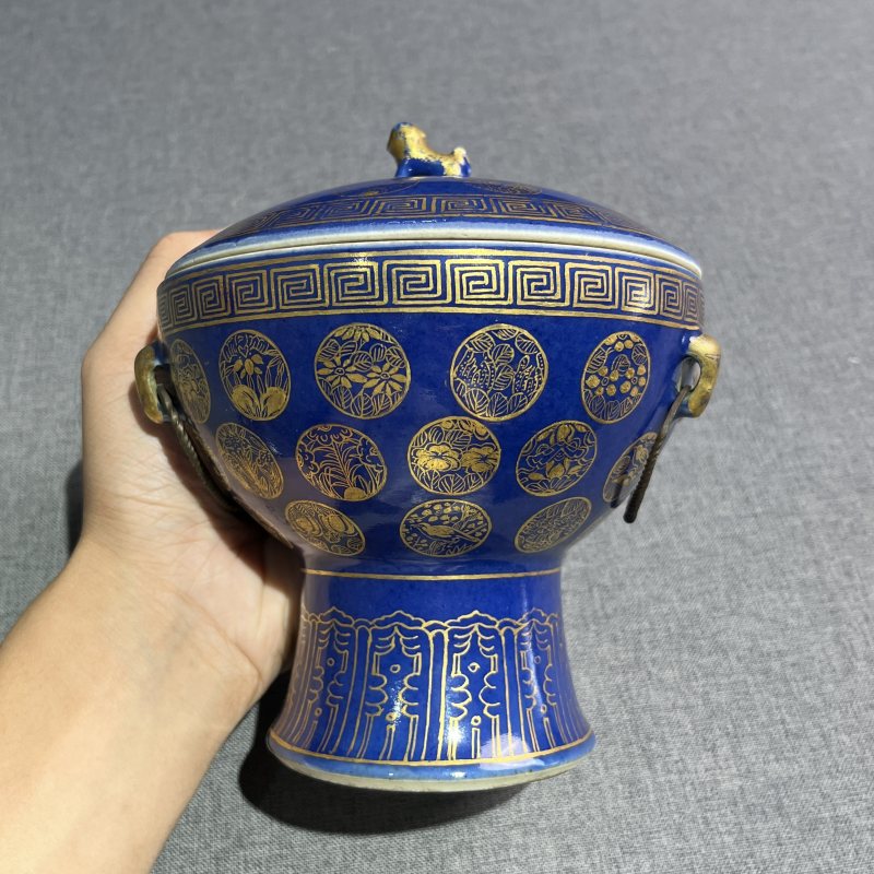 清光绪祭蓝描金皮球花温锅 - 图4
