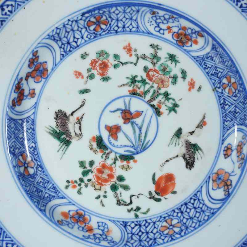 清康熙青花五彩花鸟盘 - 图2