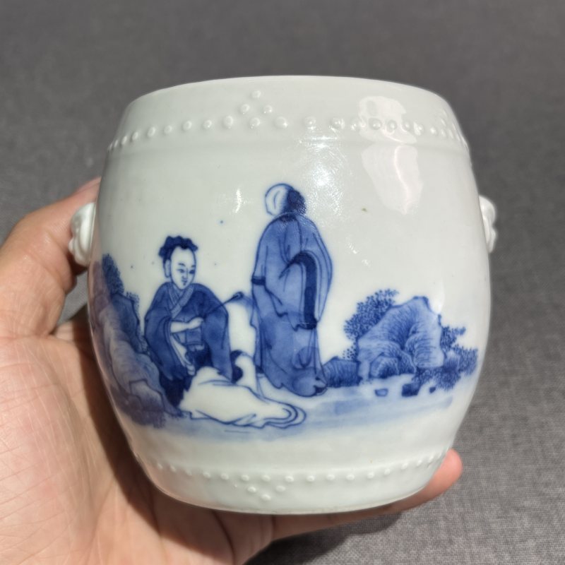 清雍正青花高仕人物花插 - 图4