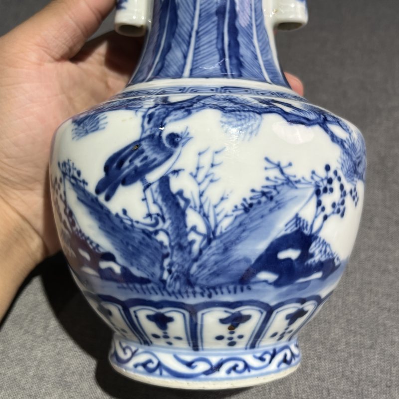 清青花花鸟纹贯耳瓶 - 图5