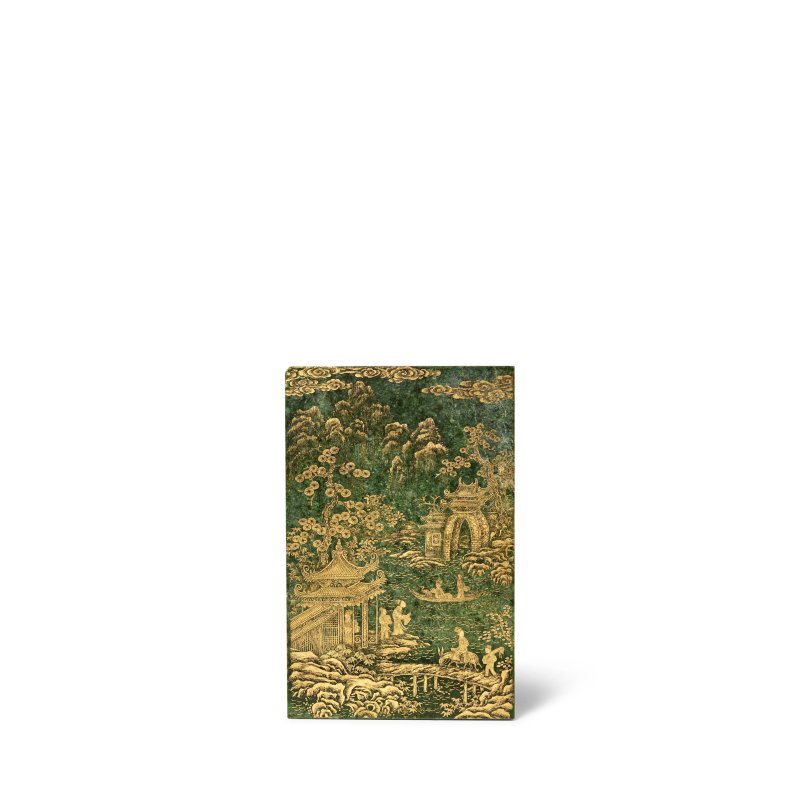 晚清 碧玉描金仙人乘槎圖插屏 | A GILT-DECORATED SPINACH GREEN JADE TABLE SCREEN - 图1