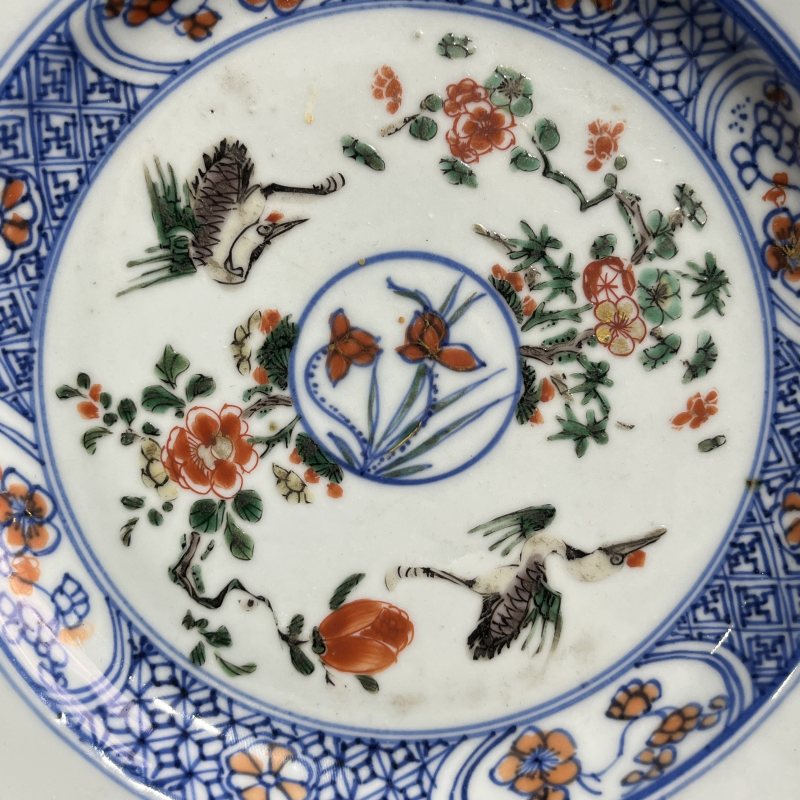 清康熙青花五彩花鸟盘 - 图5