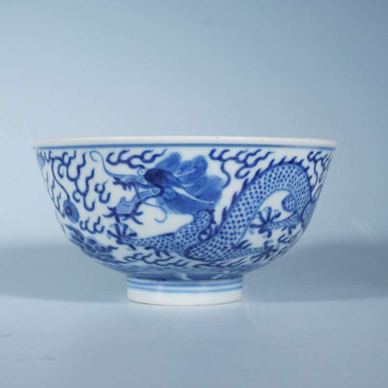 清光绪青花双龙戏珠茶圆 - 图1
