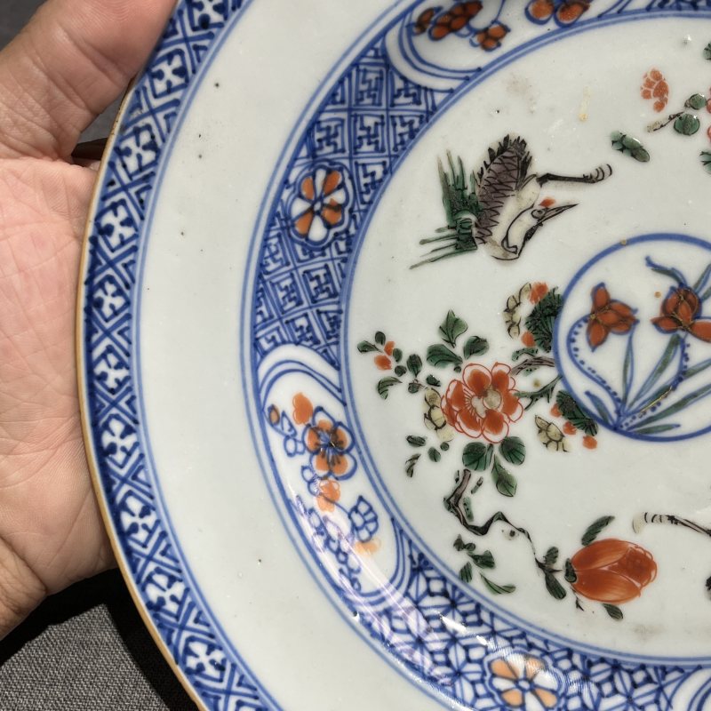 清康熙青花五彩花鸟盘 - 图6