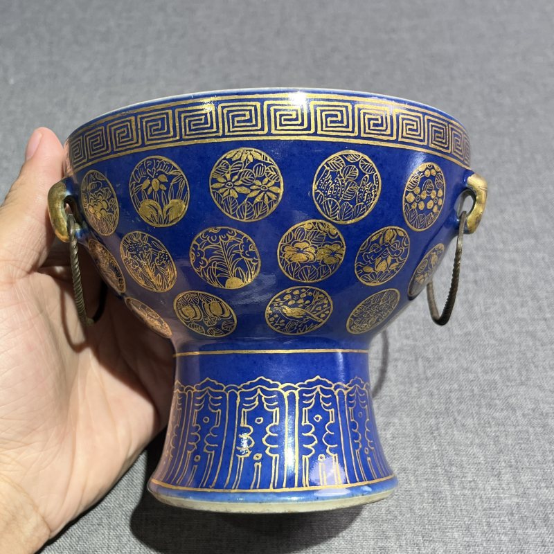 清光绪祭蓝描金皮球花温锅 - 图8