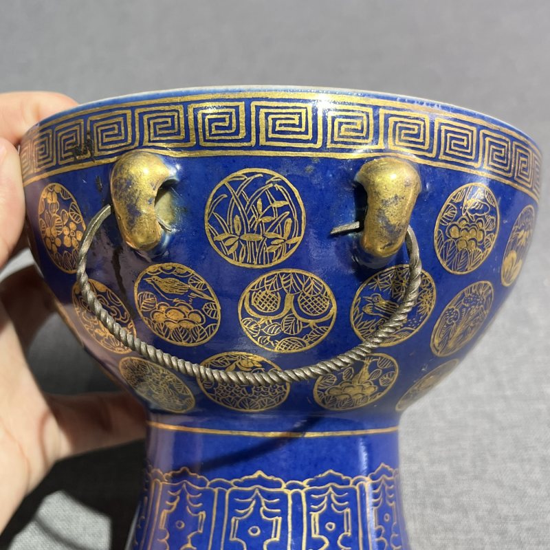 清光绪祭蓝描金皮球花温锅 - 图10
