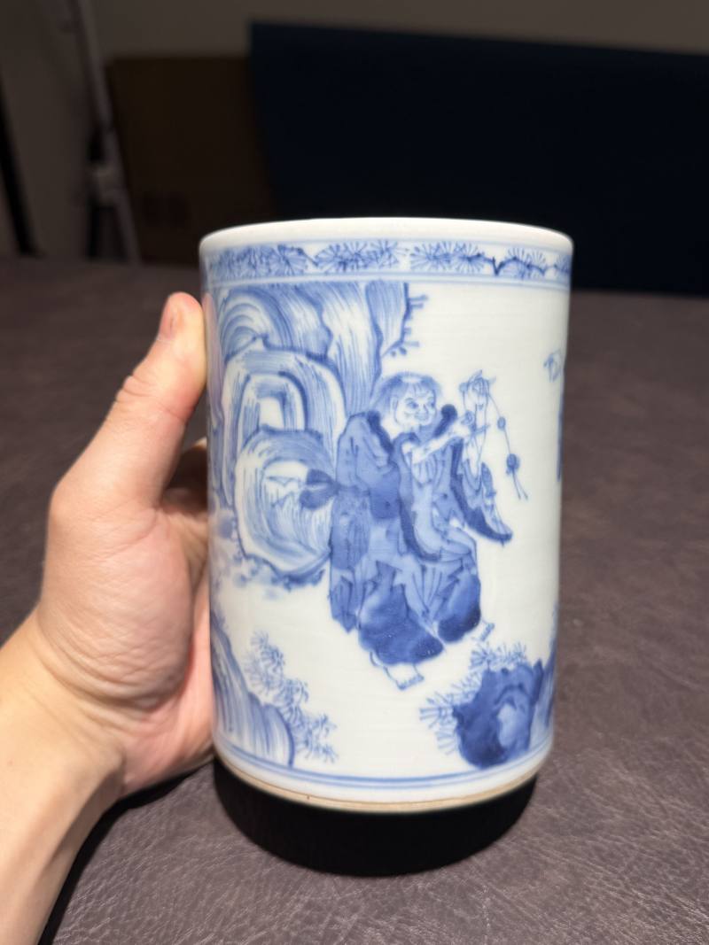 清康熙 青花寒山拾得图笔筒 - 图2