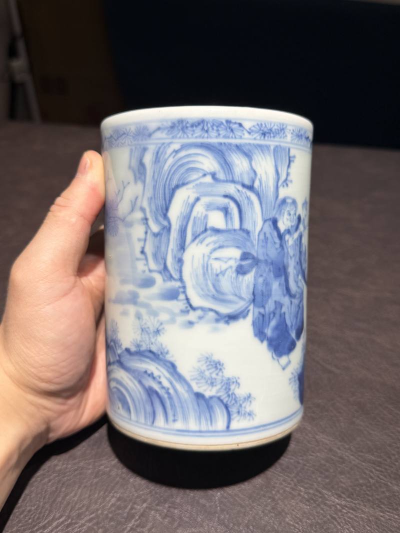 清康熙 青花寒山拾得图笔筒 - 图3
