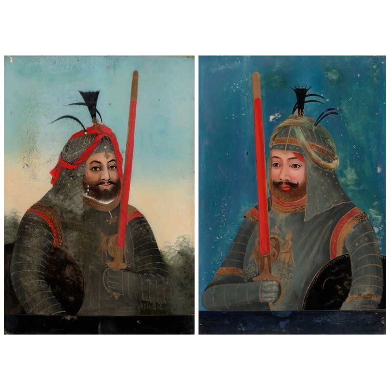 十九世紀 或為中國外銷印度 把劍武士鏡畫兩件 | TWO EXPORT REVERSE GLASS MALE WARRIOR PAINTINGS - 图1