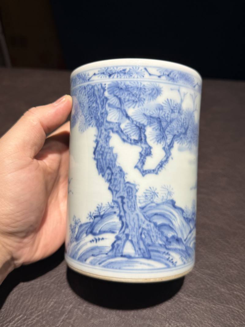 清康熙 青花寒山拾得图笔筒 - 图5