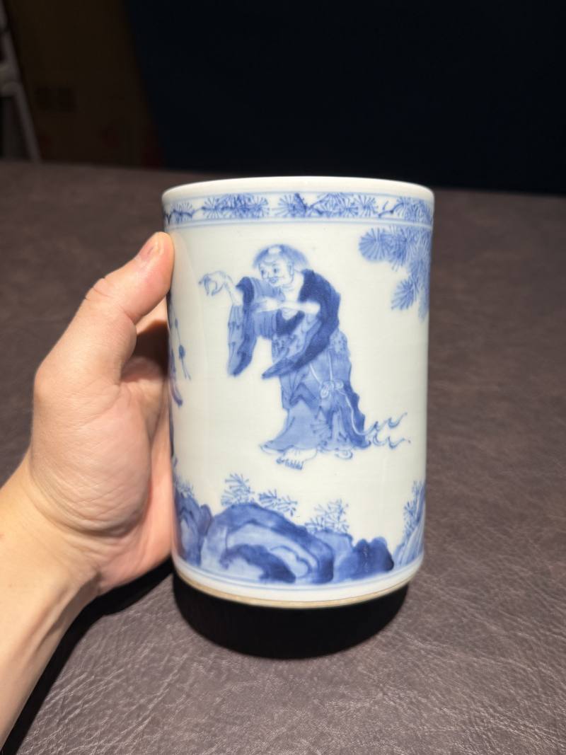 清康熙 青花寒山拾得图笔筒 - 图7
