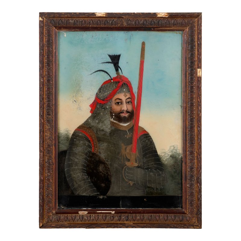 十九世紀 或為中國外銷印度 把劍武士鏡畫兩件 | TWO EXPORT REVERSE GLASS MALE WARRIOR PAINTINGS - 图3