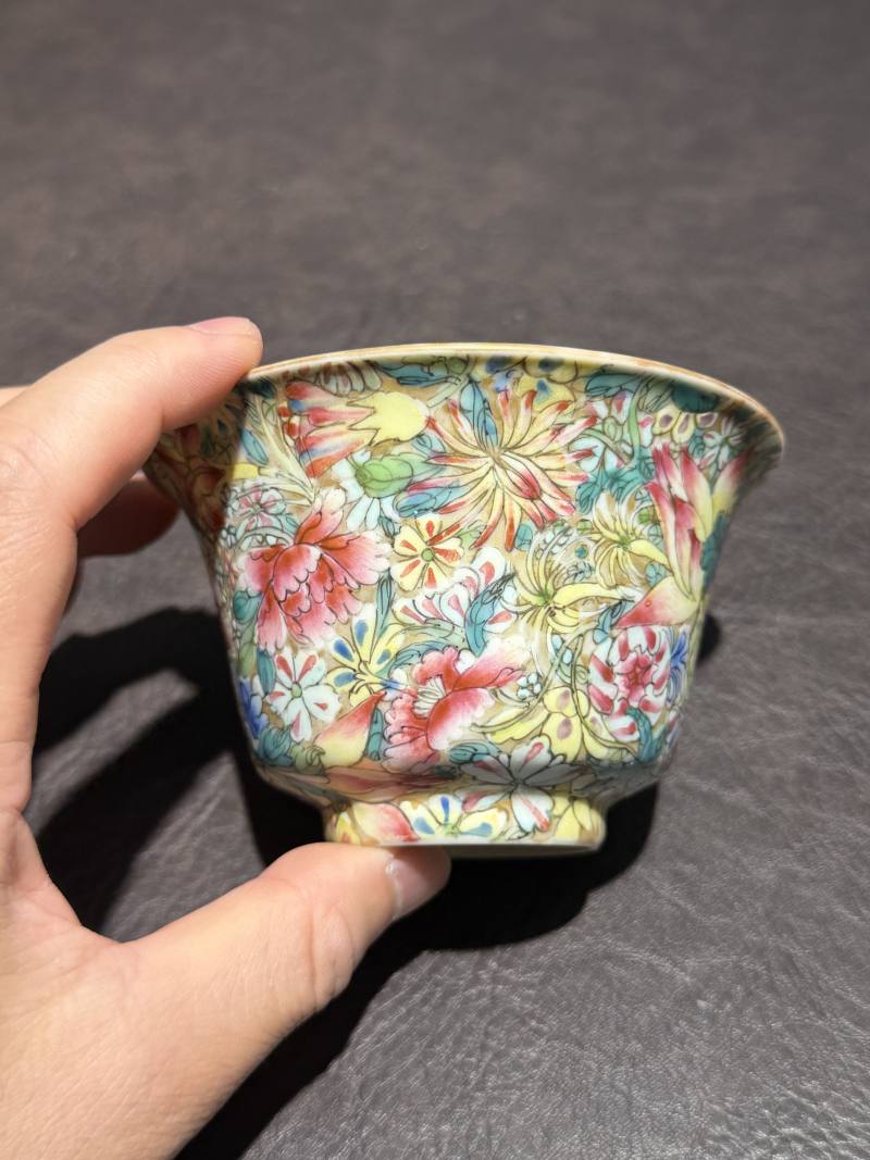 民国 粉彩百花不落地杯 - 图5