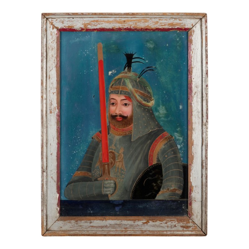 十九世紀 或為中國外銷印度 把劍武士鏡畫兩件 | TWO EXPORT REVERSE GLASS MALE WARRIOR PAINTINGS - 图5