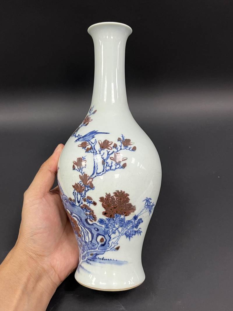 清康熙 青花釉里红花鸟纹橄榄尊 - 图3