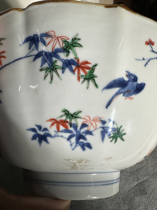 清康熙 青花五彩花鸟花口大碗 - 图5