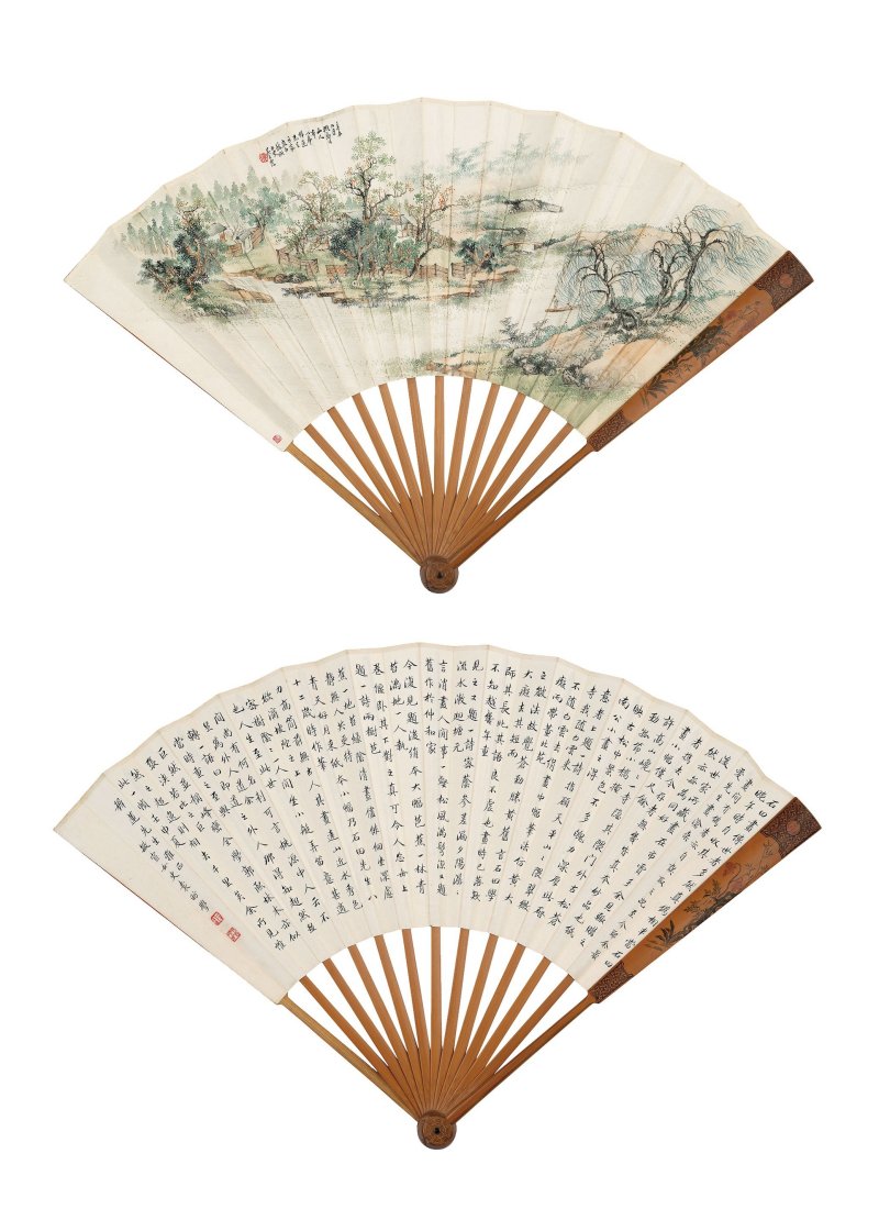 吳青霞　春山柳艇　設色紙本　成扇　一九三一年作 | WU QINGXIA (1910-2008); YUAN FANG (1909-1974) - 图1