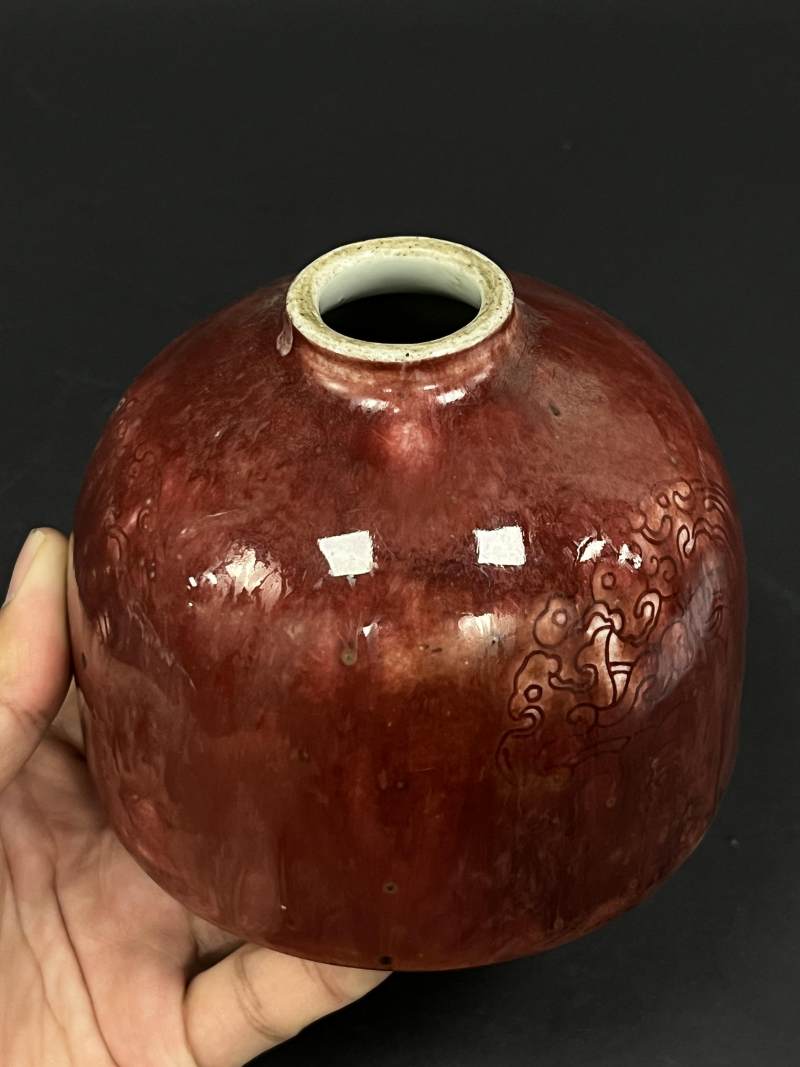 清中期 豇豆红釉暗刻团螭纹太白尊 - 图3