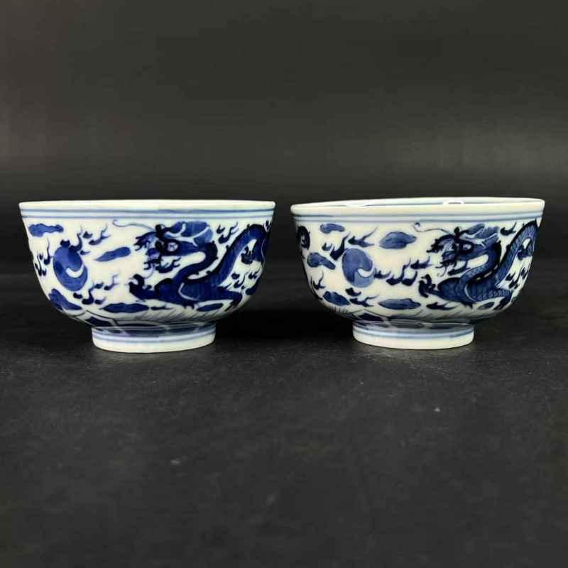 清晚期 青花云龙五福捧寿纹茶园一对 - 图23