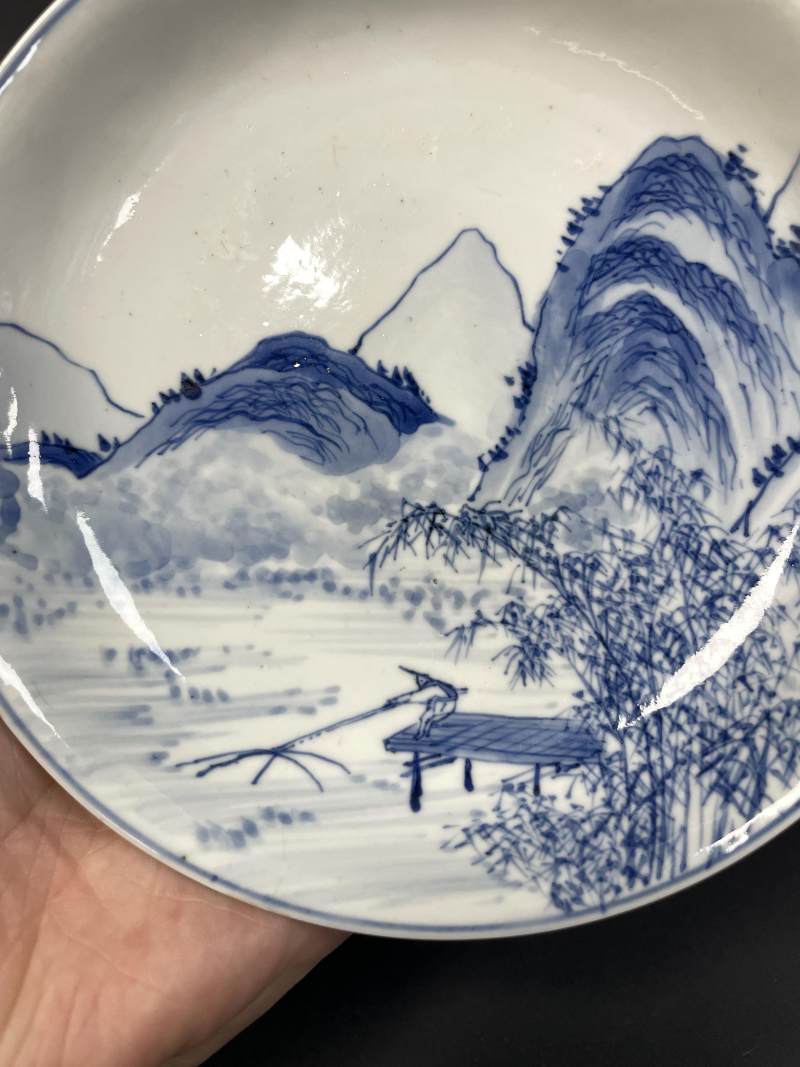清康熙 青花米点皴山水人物纹盘 - 图4