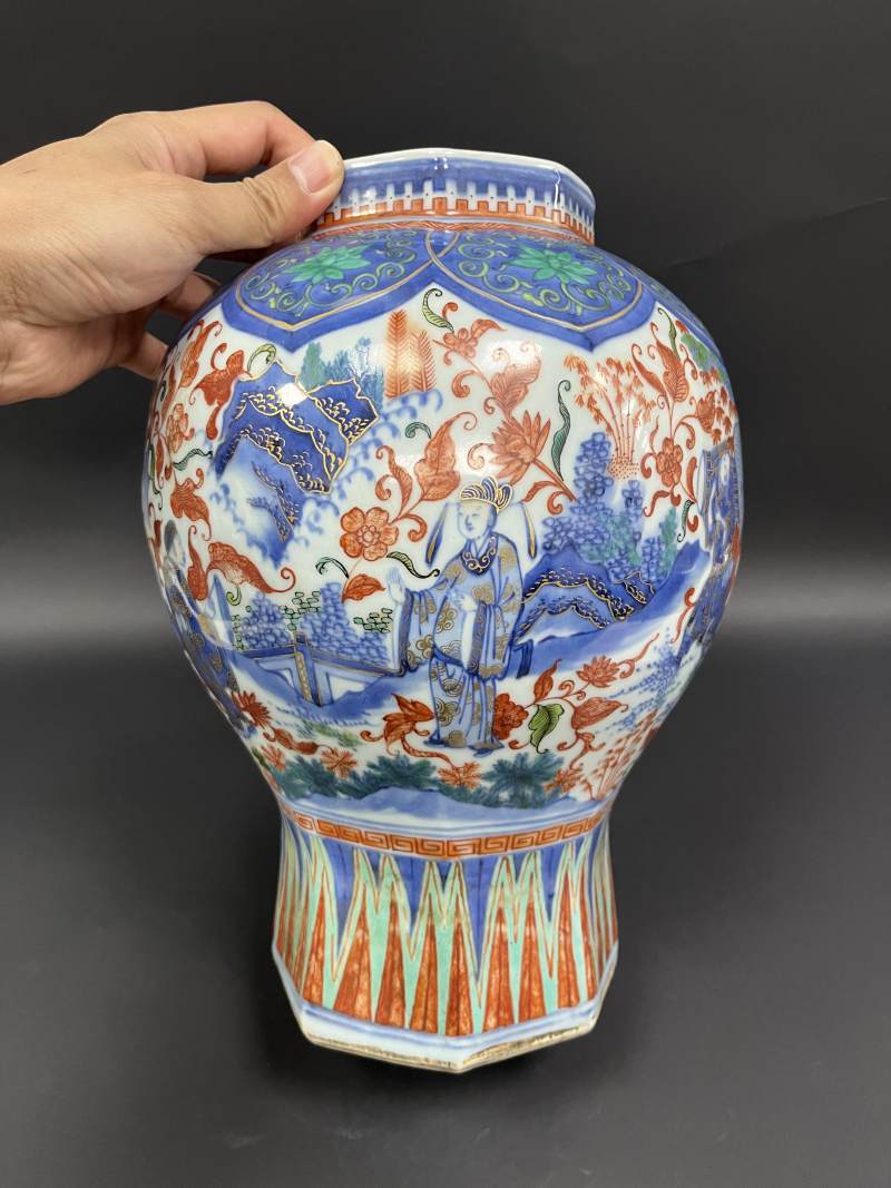 明天启 青花加彩人物纹八方罐 - 图5