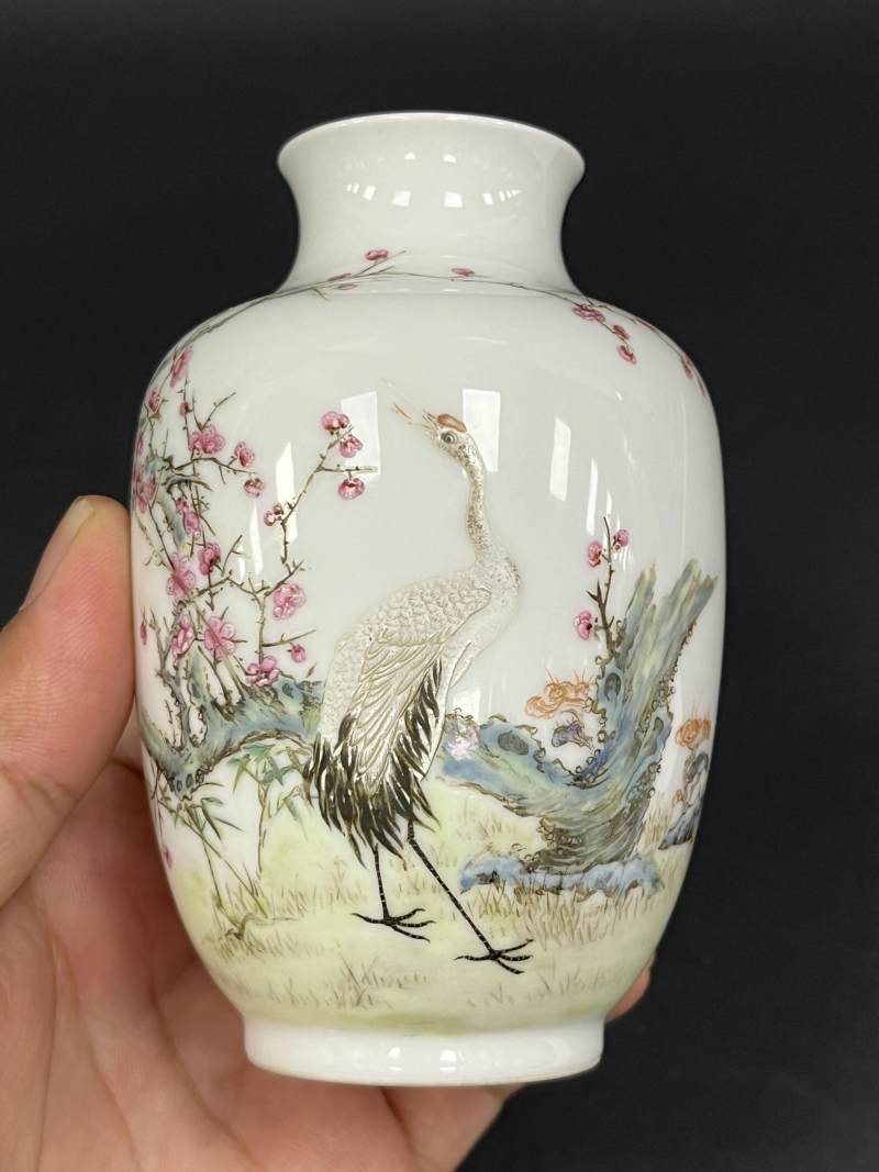 民国 粉彩仙鹤纹小灯笼瓶一对 - 图13