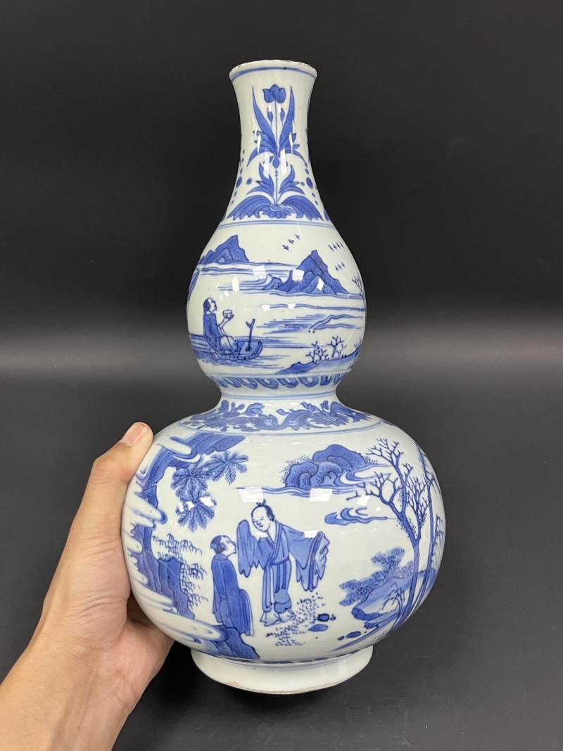 明崇祯 青花对酒当歌、高士饮享图葫芦瓶 - 图5