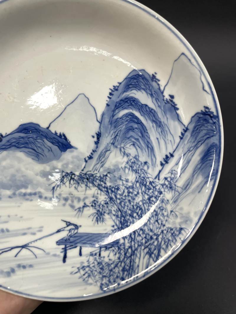 清康熙 青花米点皴山水人物纹盘 - 图5