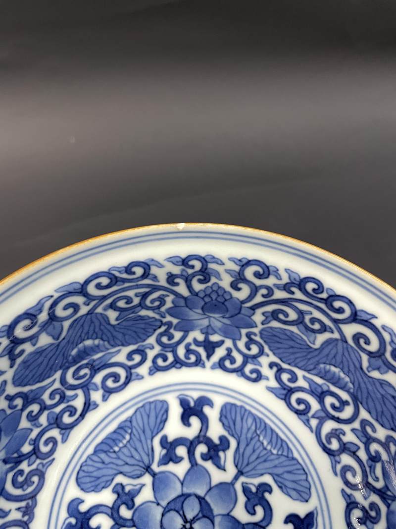 清道光 内青花外粉彩荷塘图碗 - 图13
