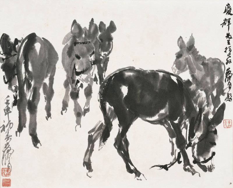 黃冑　五驢圖　水墨紙本　鏡框　一九九二年作 | HUANG ZHOU (1925-1997) - 图1
