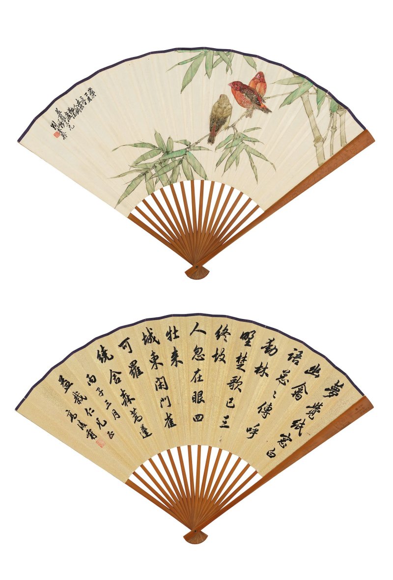 劉奎齡　雀鳴枝頭　設色紙本　成扇　一九三五年作 | LIU KUILING (1885-1967); GAO LINGWEI（1874–1956）