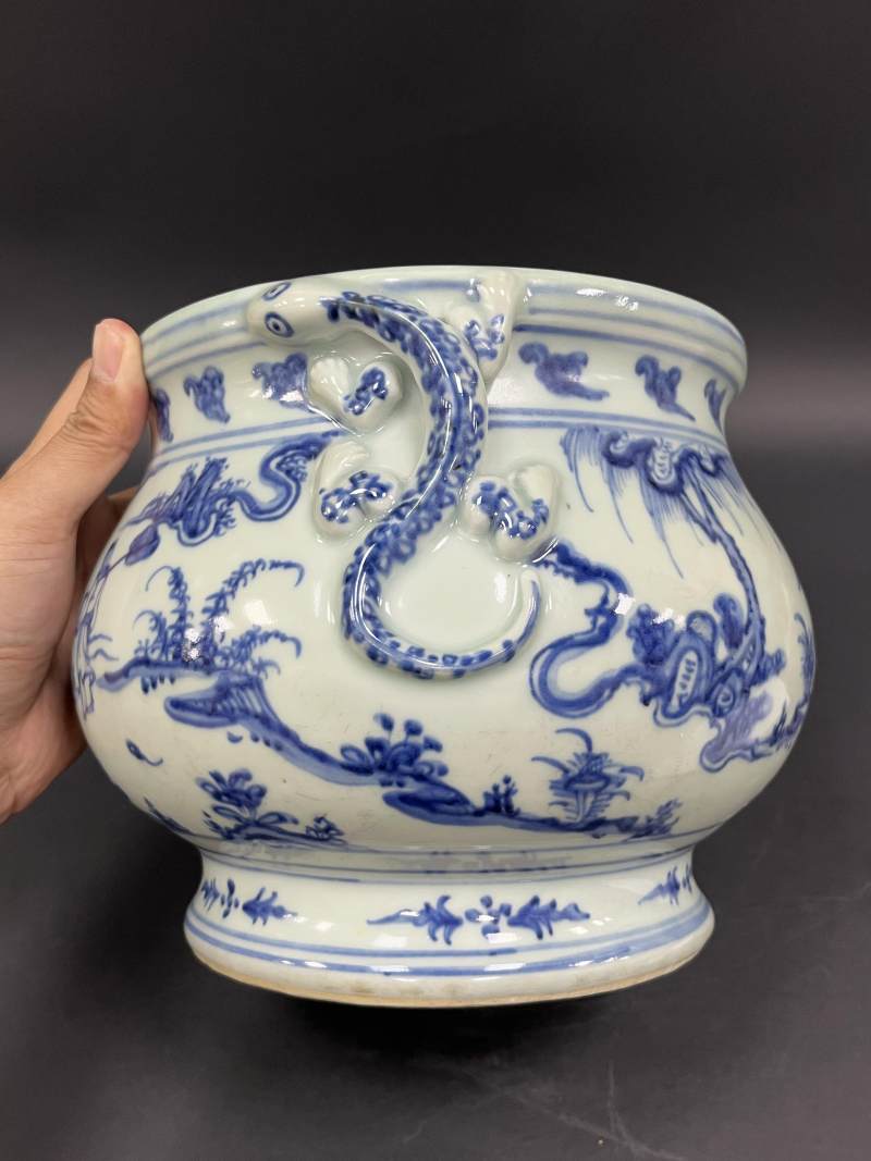 明中期 青花高士图蝠耳大炉 - 图5
