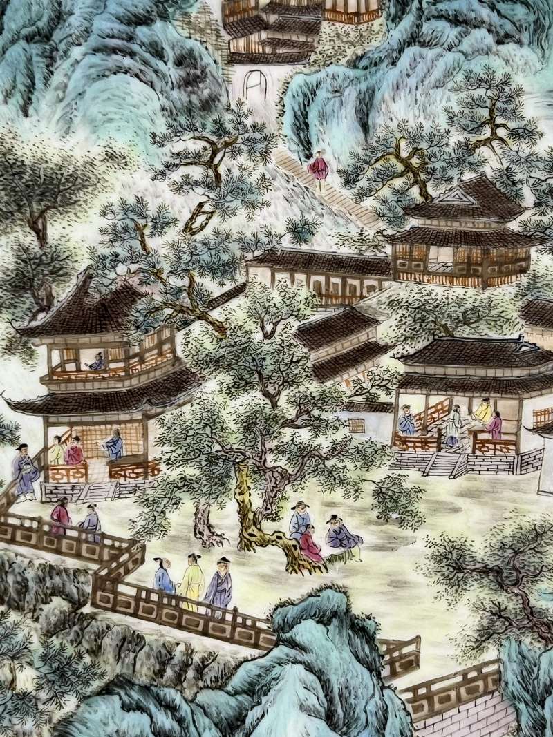 民国 仿珐琅彩内山水人物纹外竹纹大盘 - 图9