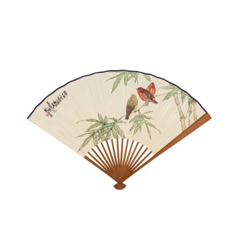 劉奎齡　雀鳴枝頭　設色紙本　成扇　一九三五年作 | LIU KUILING (1885-1967); GAO LINGWEI（1874–1956） - 图2