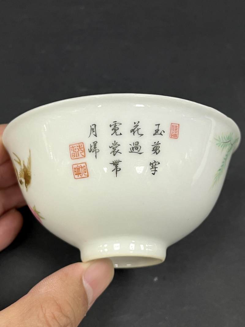 民国 粉彩杏林春燕诗文茶圆一对 - 图2
