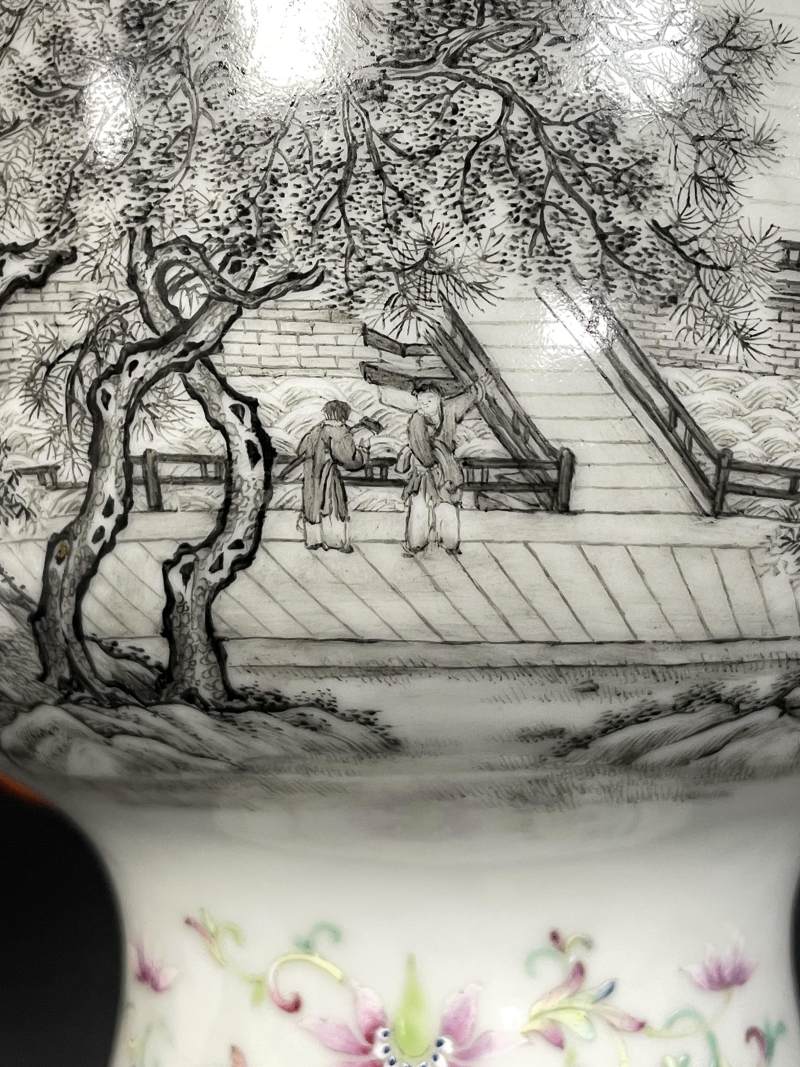 民国 墨彩加粉彩山水人物纹如意万年耳尊 - 图13