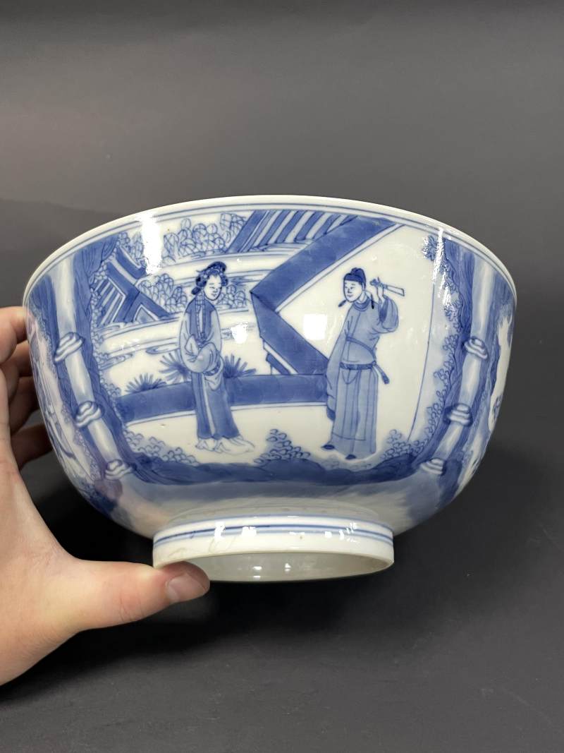 清康熙 青花西厢记人物故事图大碗 - 图2