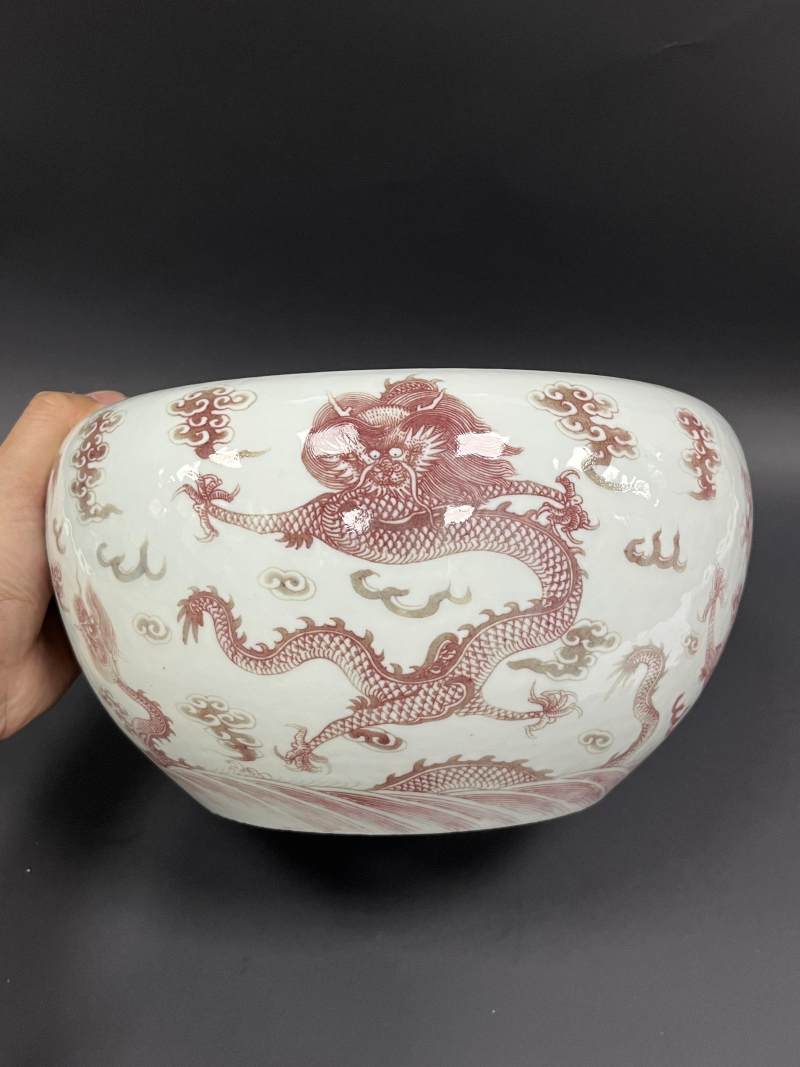 清中期 青花釉里红云龙纹案缸 - 图2