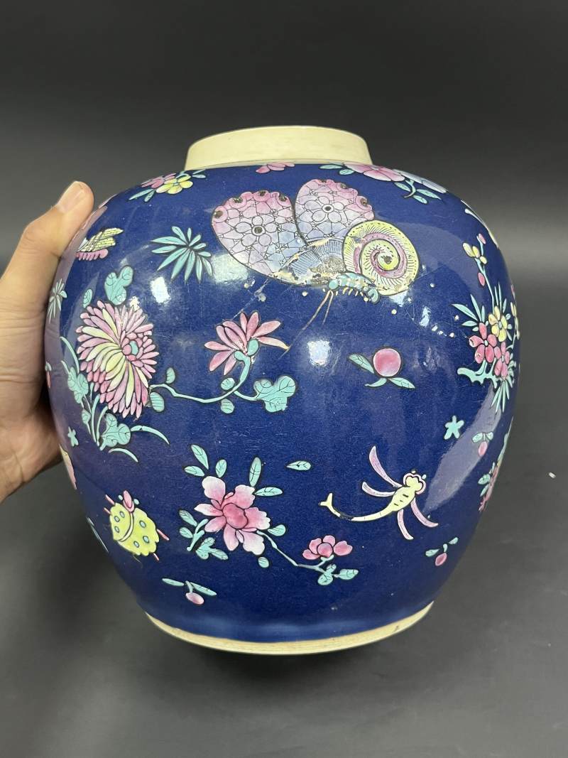清中期 蓝釉粉彩花蝶纹罐一对 - 图5