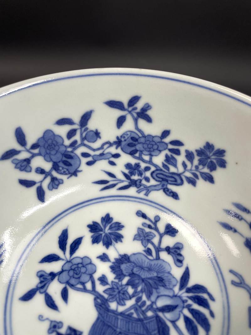 清道光 内青花外胭脂红轧道洋彩花卉开光艾叶灵符图碗 - 图8