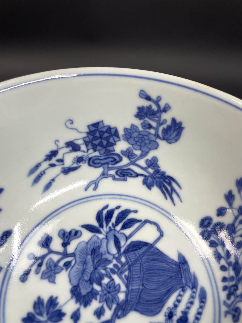 清道光 内青花外胭脂红轧道洋彩花卉开光艾叶灵符图碗 - 图9