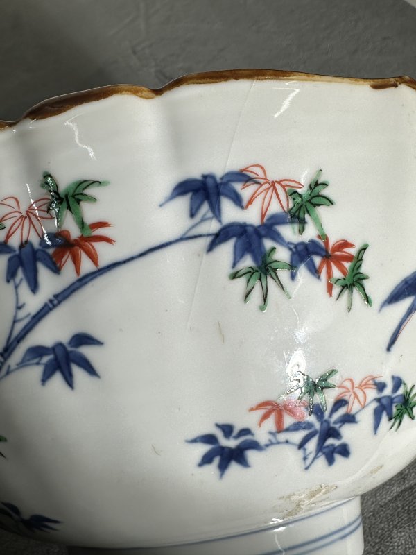 清康熙 青花五彩花鸟花口大碗 - 图12